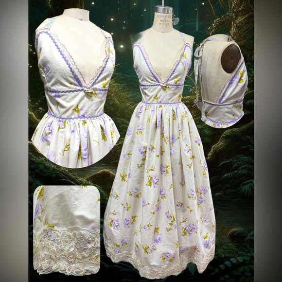 Purple Floral Vintage Bedsheet Cottagecore Gown - Picture 3 of 3